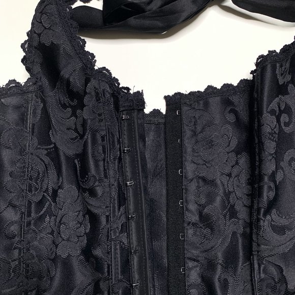 Vintage 90s black satin lace trim corset - Picture 3 of 4